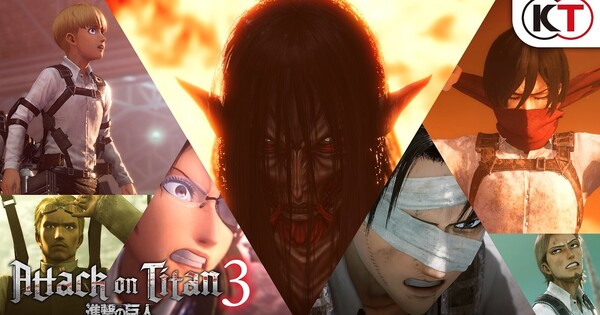 Screenshot do trailer de Attack on Titan 3 exibindo personagens usando DMO para enfrentar Titãs em cenário destruído.