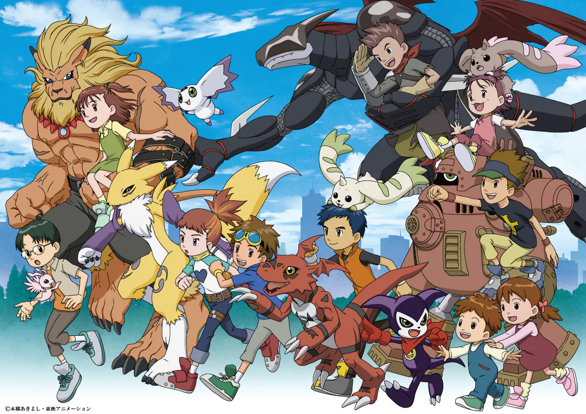 Ilustração comemorativa dos 25 anos de Digimon Tamers com os Domadores e seus parceiros Digimons
