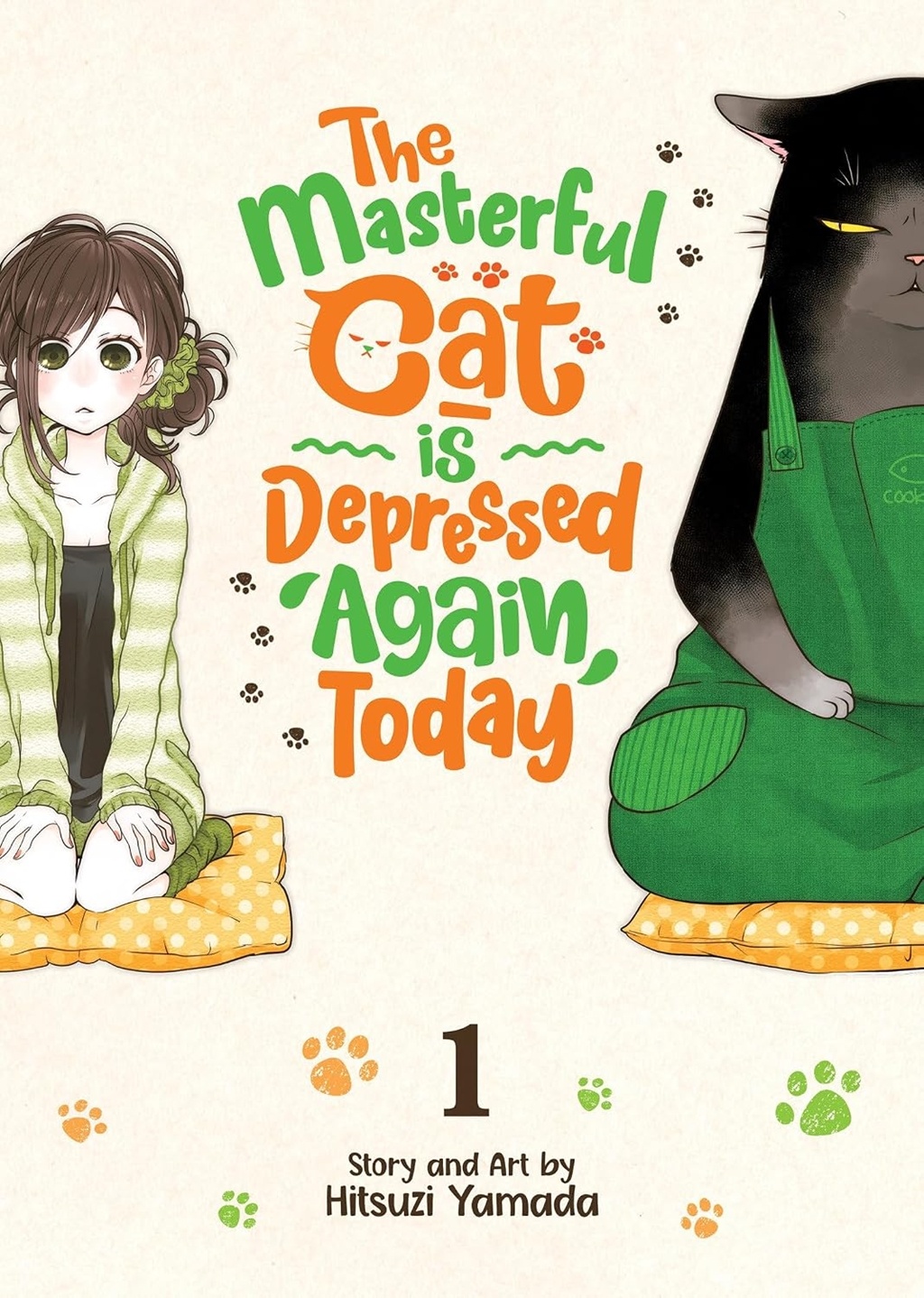 Capa do volume 1 do mangá O Gato Prendado está Deprimido Hoje de Novo, com Saku e Yukichi sentados lado a lado