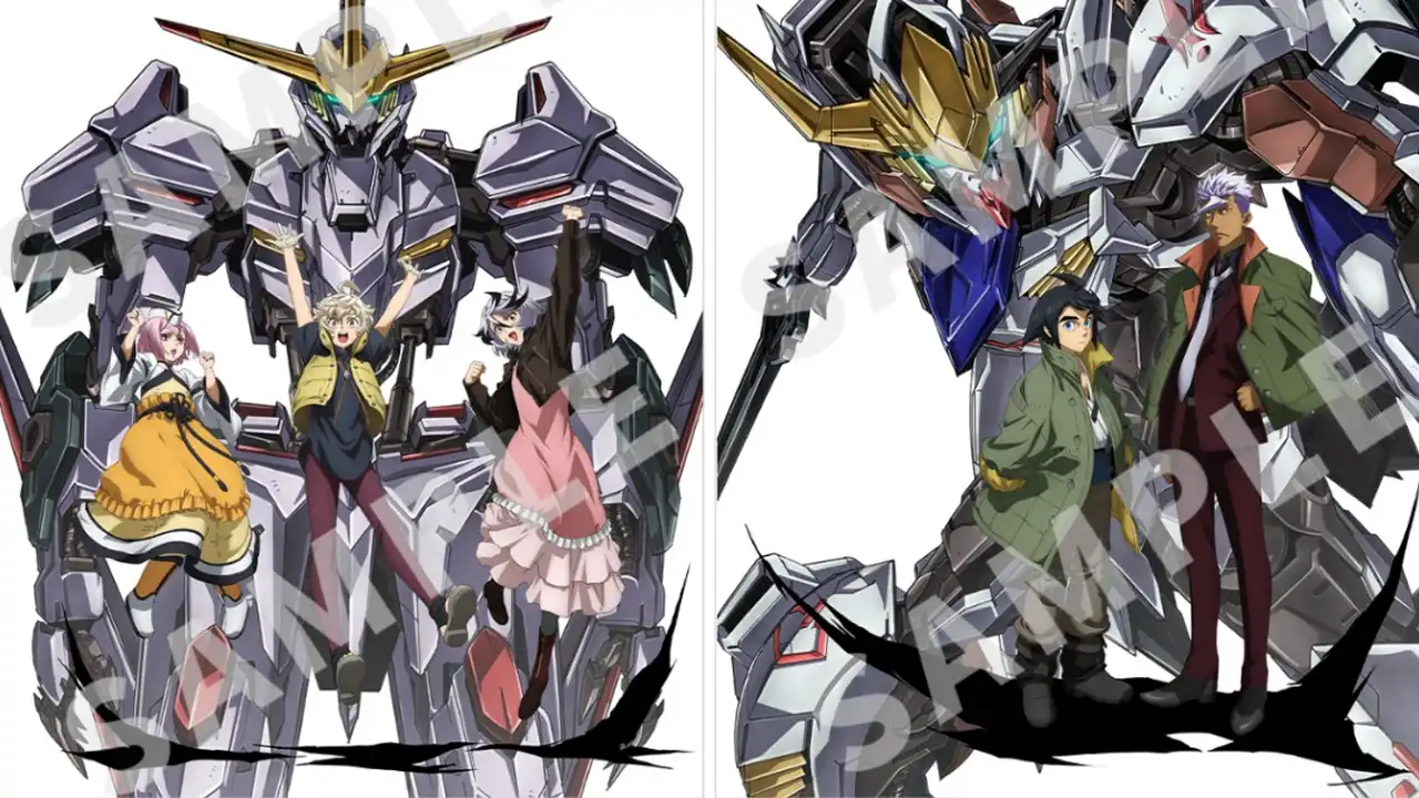 Poster promocional da edição limitada de Gundam: Iron-Blooded Orphans Urd Hunt, mostrando mobile suits e personagens da série.