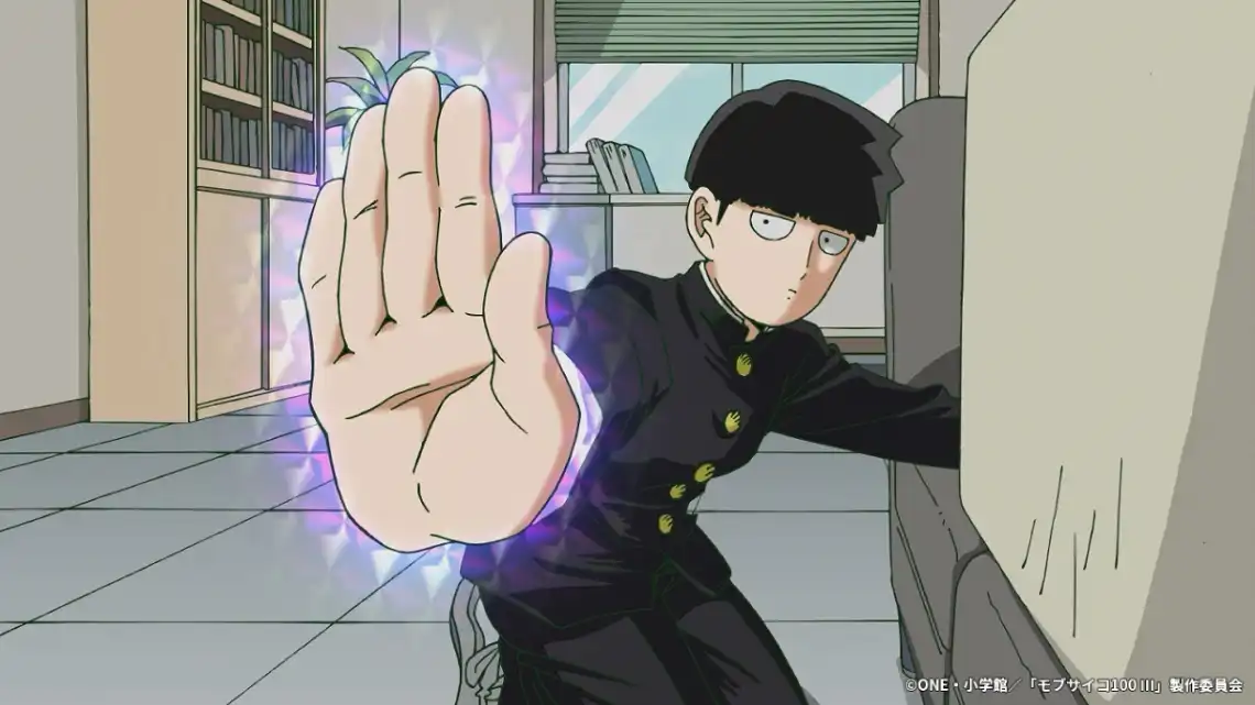 Frame do vídeo comemorativo de 10 anos de Mob Psycho 100, mostrando Mob e Reigen lado a lado