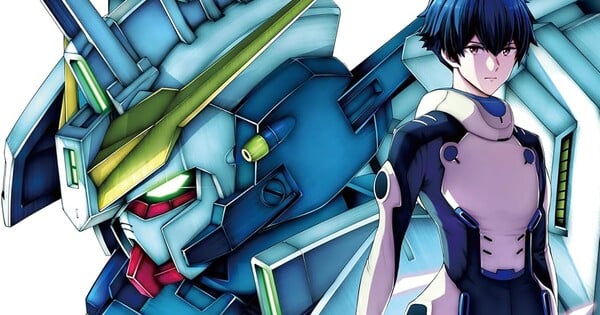 Imagem promocional de Mobile Suit Gundam Eight mostrando o Gundam Zirius em meio a um cenário de destruição.