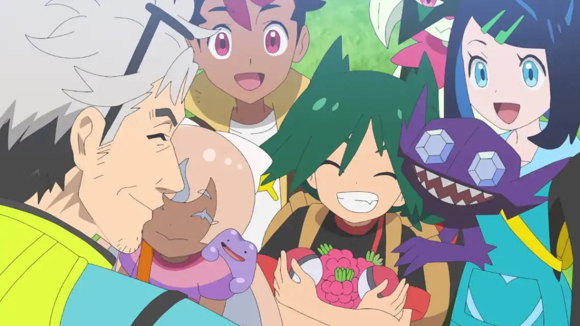 Cena do episódio especial de Pokémon com o Professor Willow