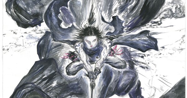 Key visual do projeto ZAN mostrando a arte estilizada característica de Yoshitaka Amano, com design de personagem em tons escuros e detalhes ornamentados