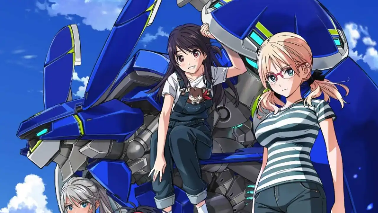 Key visual de Vertex Force com Haruka, o mecha azul e a frase "As férias de verão que protegem a Terra começam"