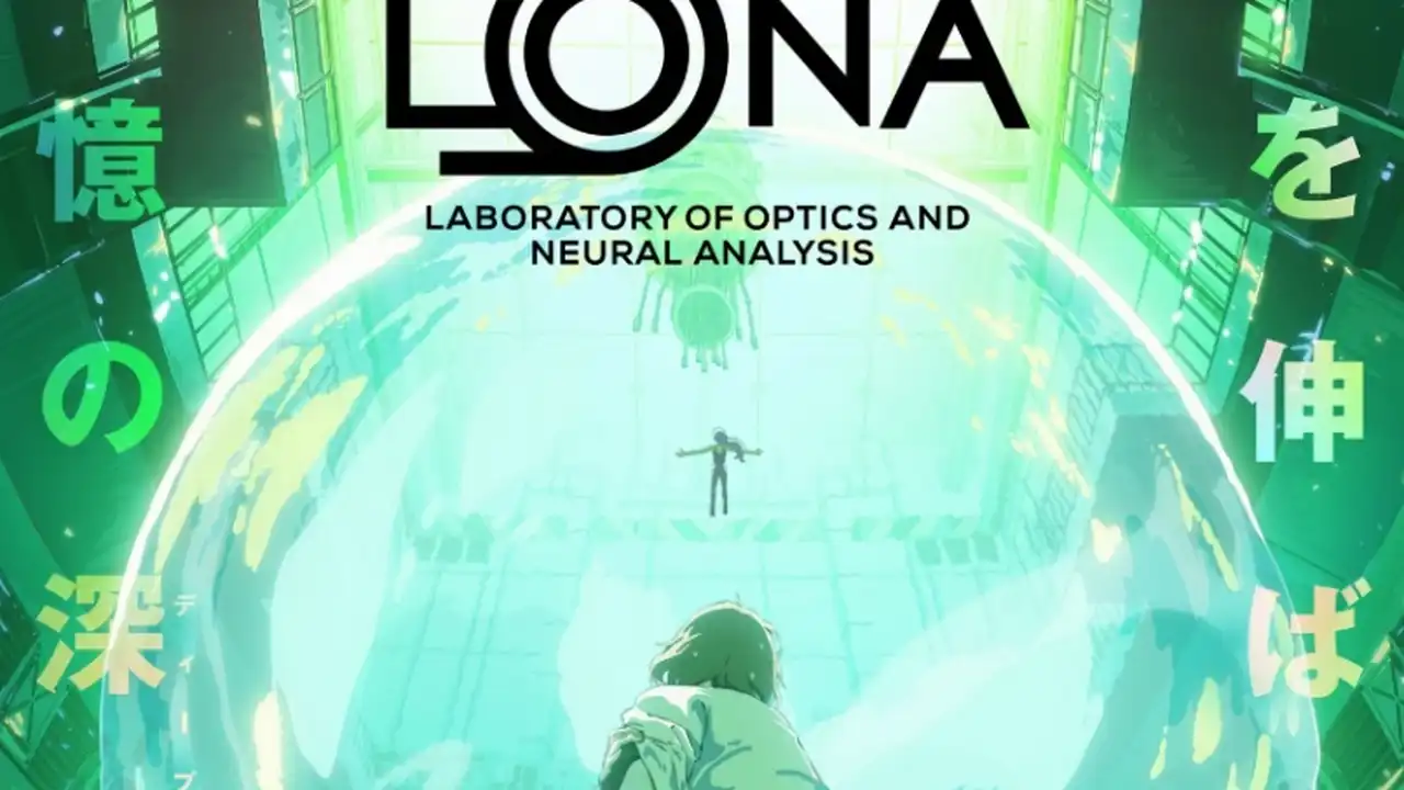 Key visual do anime LONA mostrando os protagonistas Ao e Sango em um cenário de laboratório científico futurista.