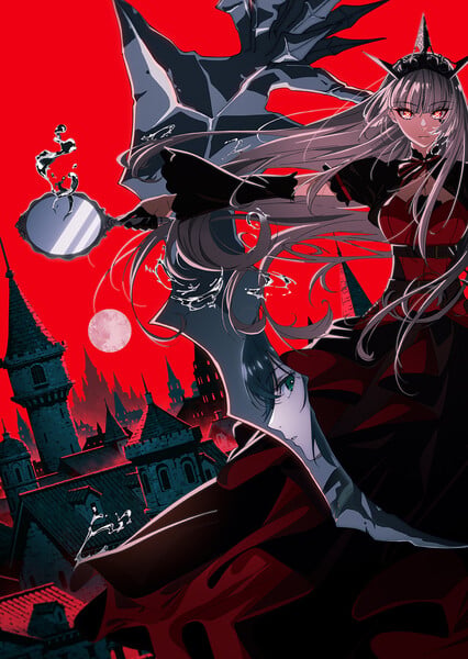 Key visual promocional de Witch and Hound mostrando a personagem Bruxa e o assassino Rollo em destaque, com fundo escuro e elementos de fantasia sombria