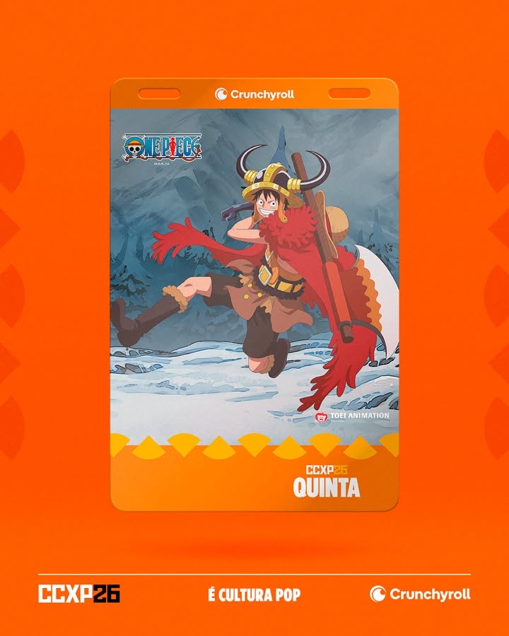 Luffy na credencial temática de One Piece para a quinta-feira da CCXP 2026