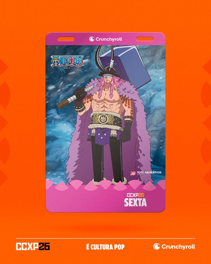 Loki na credencial temática de One Piece para a sexta-feira da CCXP 2026