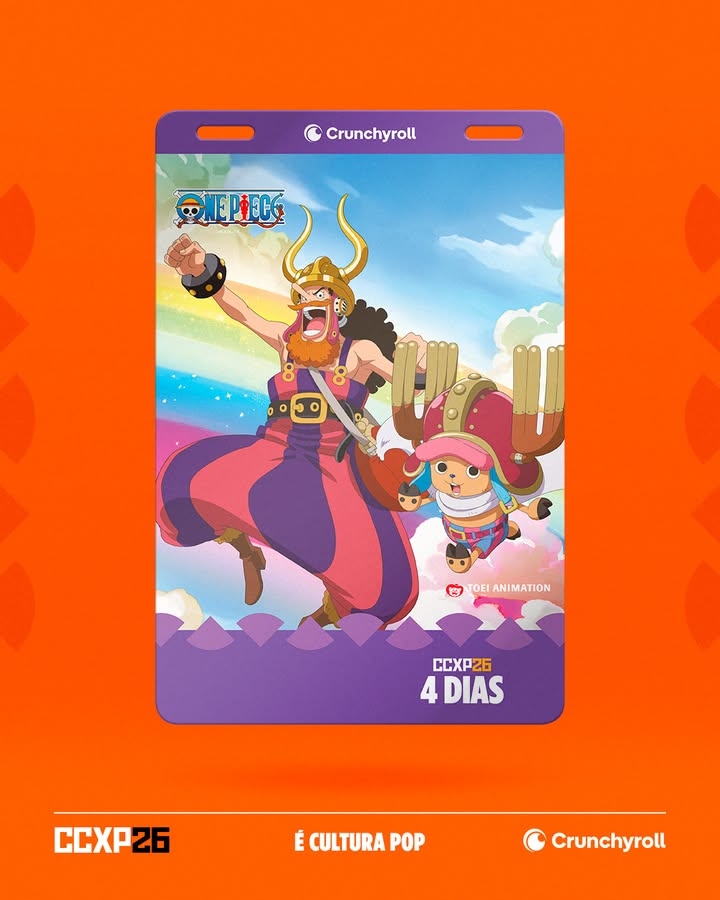 Usopp e Chopper na credencial temática de One Piece do pacote de 4 dias da CCXP 2026