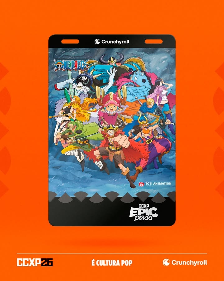 O bando dos Chapéus de Palha na credencial temática de One Piece do Epic Pass da CCXP 2026