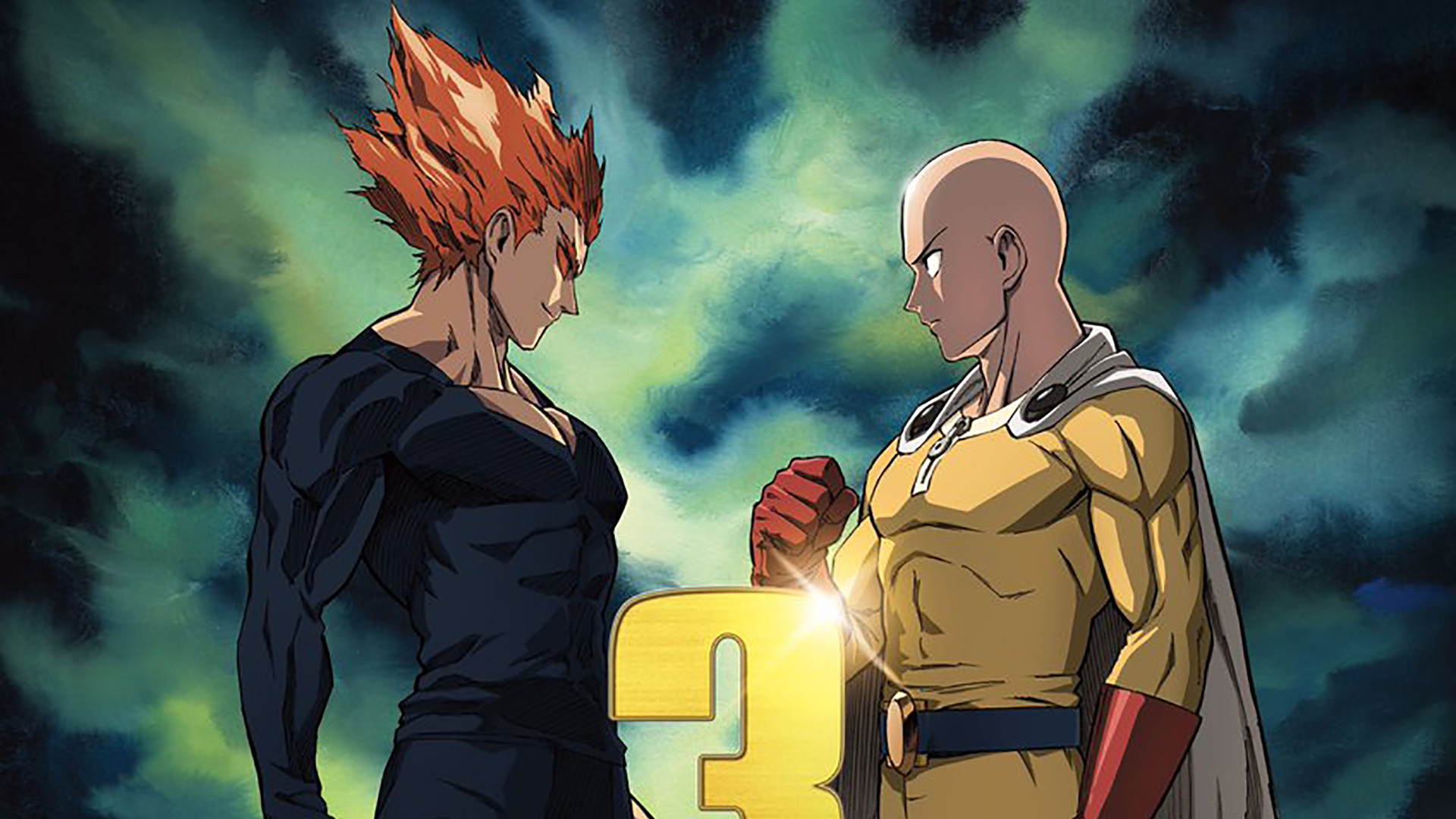 Visual de One-Punch Man com Garou e Saitama