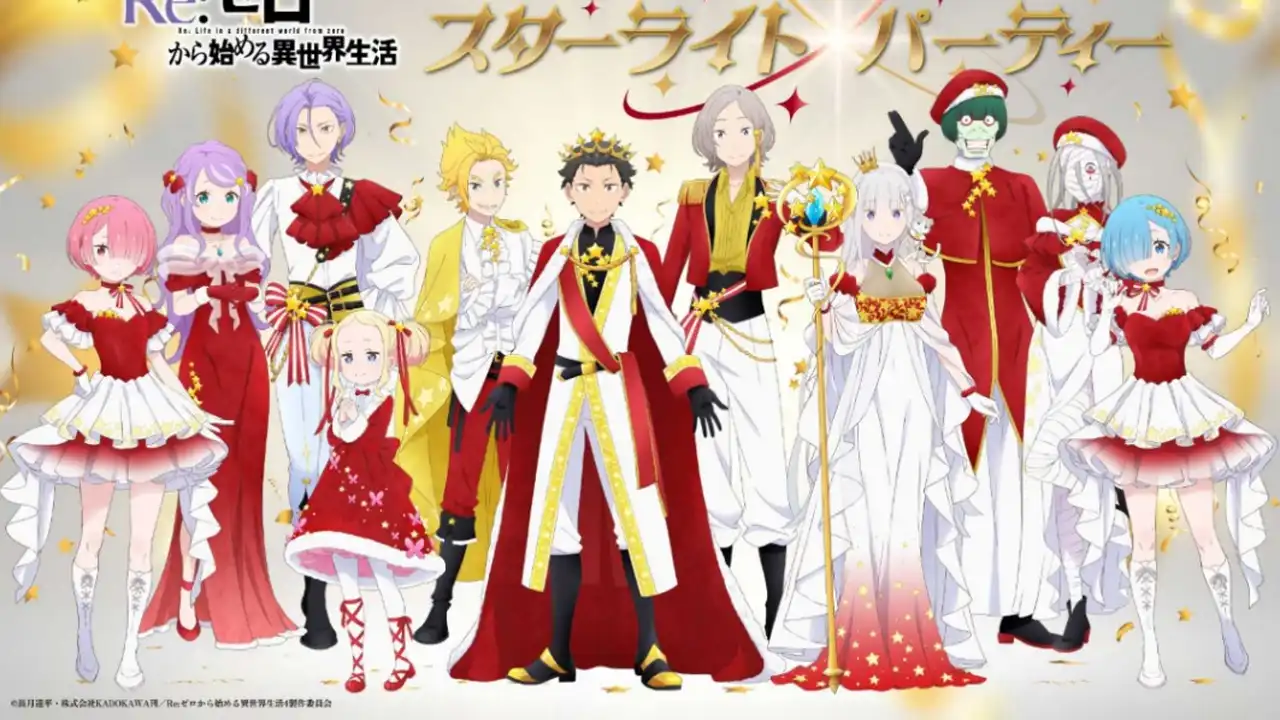 Ilustração comemorativa dos 10 anos do anime Re:Zero com Subaru, Emilia, Beatrice, Puck, Ram e Rem em trajes de gala