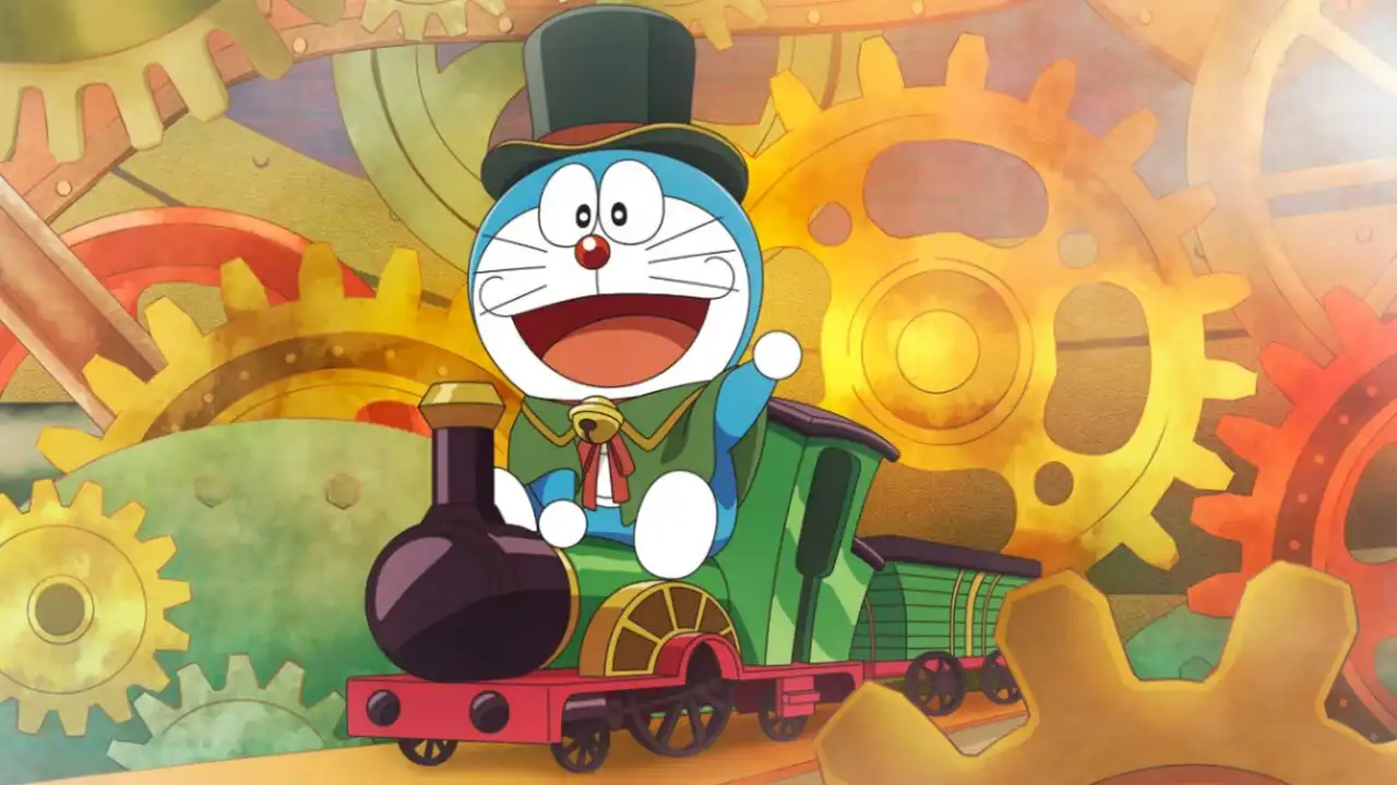 Doraemon com roupas da era vitoriana, cartola e capa, anunciando o novo filme de 2027