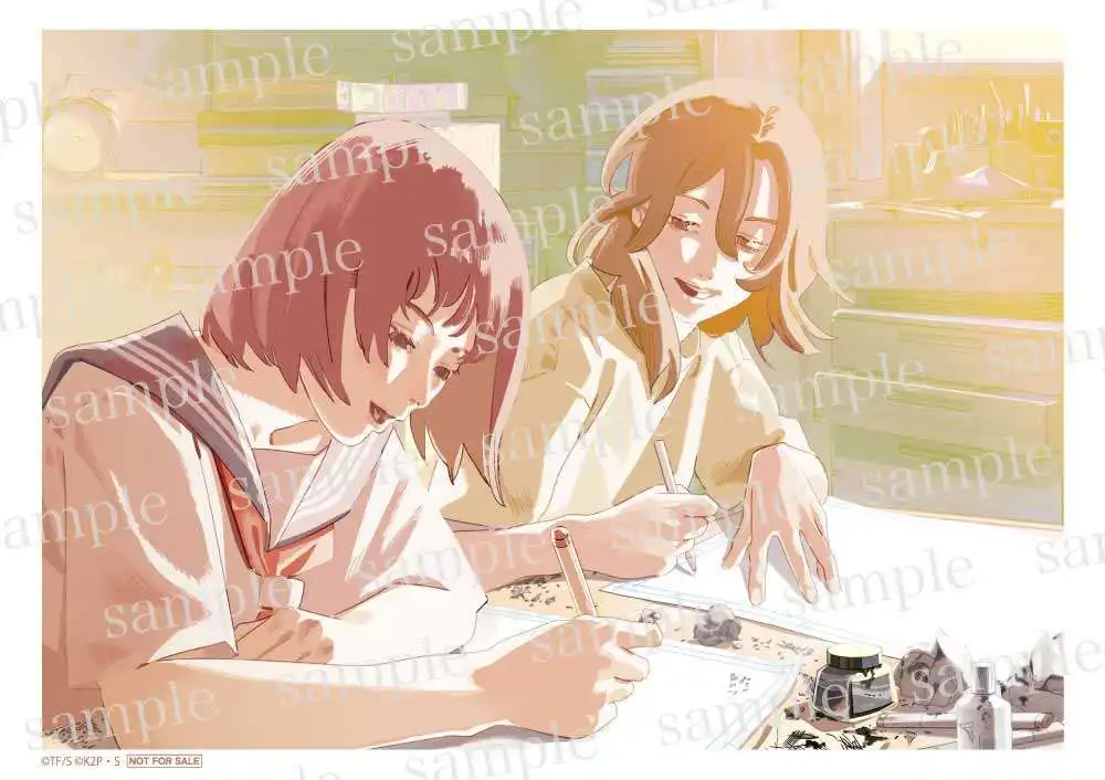 Cartão visual com ilustração de Tatsuki Fujimoto mostrando Fujino e Kyomoto