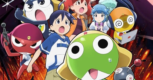 Pôster promocional do filme Shin Gekijōban ☆ Keroro Gunsō Fukkatsu Shite Sokkō Chikyū Metsubō no Kiki de Arimasu! com os personagens principais da franquia Sgt. Frog